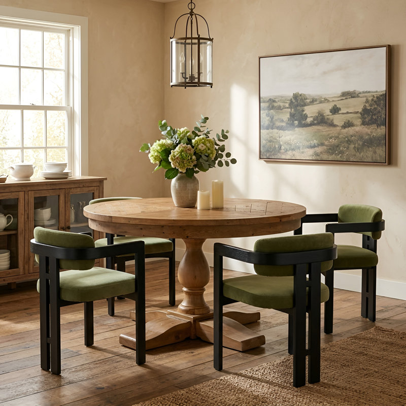 5-Piece Dining Set Mid-Century Modern Wooden Table & Upholstered Chair Set For Home, Kitchen, Dining Room, Green