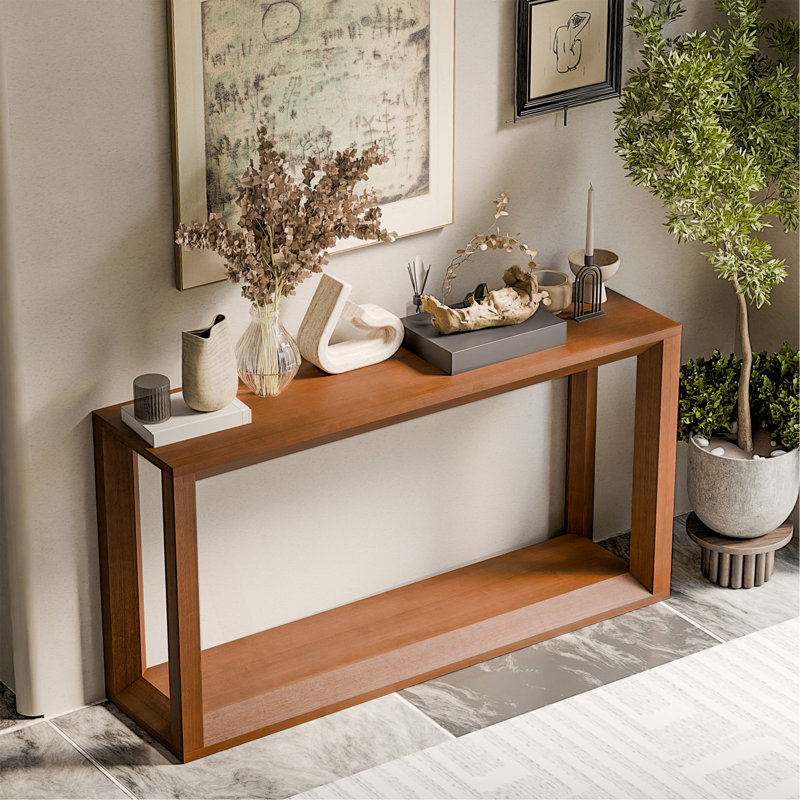 Console rectangulaire en placage de bois massif avec beaucoup de rangement, idéale pour le vestibule et le salon