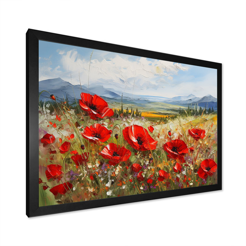«Red Poppies Field In Mountain I», reproduction sur toile, Cadre simple noir, H 30 po x l 40 po x P 1,5 po