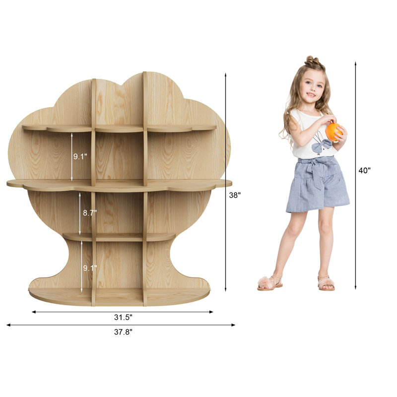 Genivive Tree Kids Bookshelf, Wood Bookcase, 12-Cubby Children Toy Storage Organizer Book Shelf, Baby Montessori Bookshelf and Toy Storage