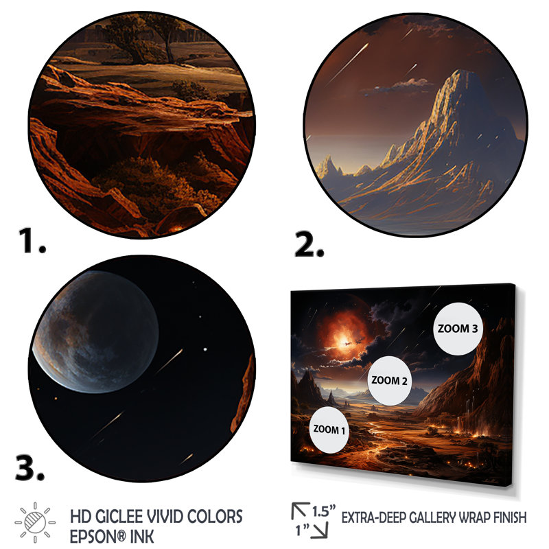 «Futur Cosmic Sunrise On Moon II», art mural de la planète espace, Cadre flottant doré, H 16 po x l 32 po x P 1 po