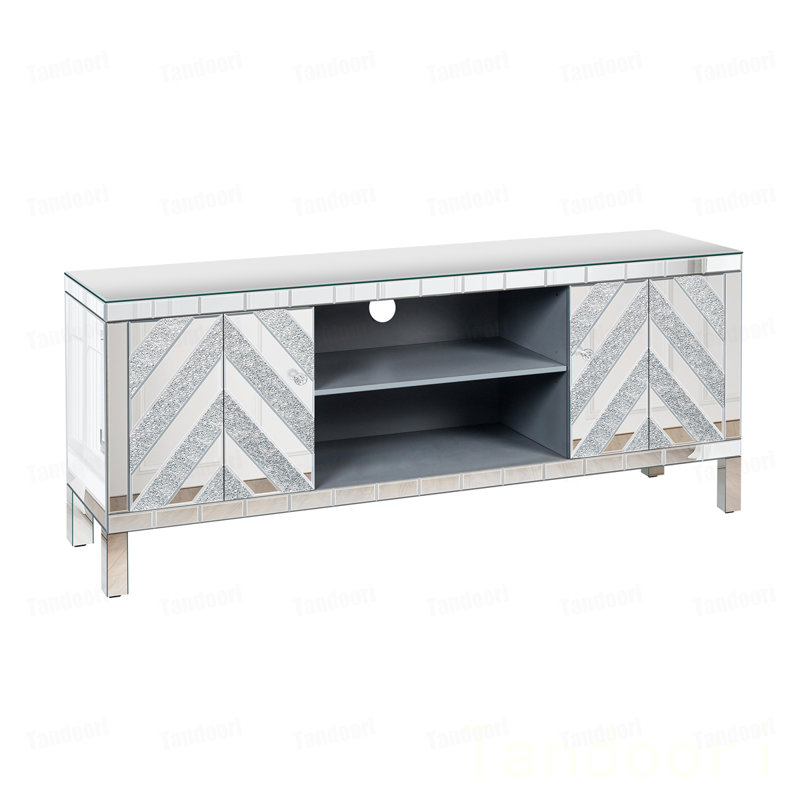 Meuble télé en miroir pour téléviseur de 65 pouces et plus, console de télévision avec rangement ouvert et 2 armoires de rangement, portes de miroir en forme de M