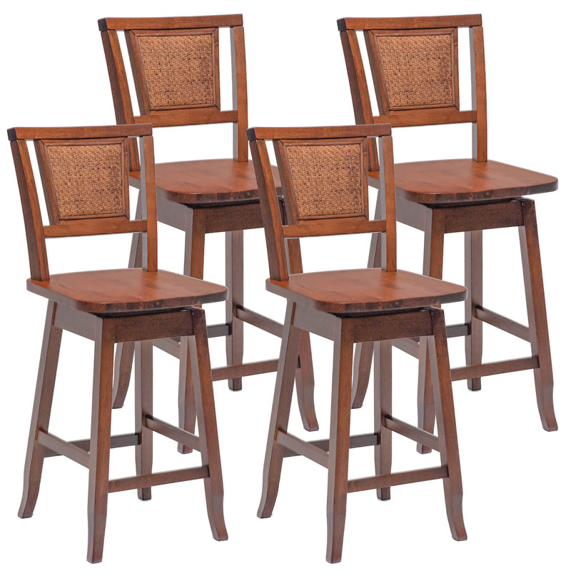 Swivel Bar Stools Counter Height Rubber Wood Pub Chairs W/ Rattan Back, 4