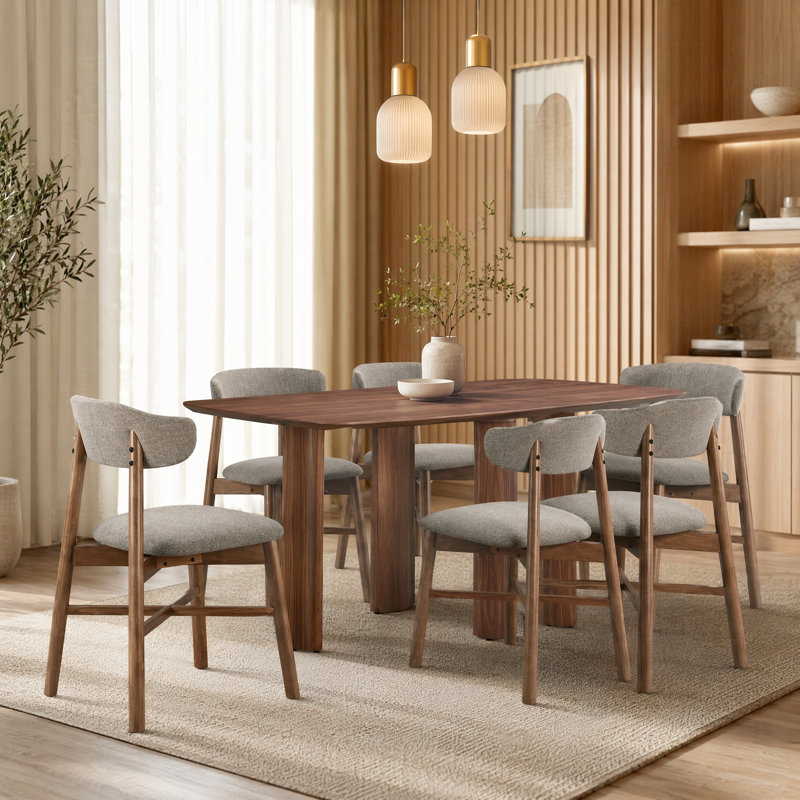 Coral Wood Upholstered Dining Set, Walnut, 7 Pieces: Table, 6 Chairs