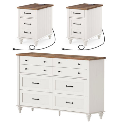 WAMPAT 3 Piece Bedroom Set - Includes Farmhouse 8 Drawer Dresser, Set Of 2 Side Tables With Charging Station & Storage Cabinet, 3 Piece Dresser And Ni