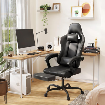 Fauteuil de jeu avec repose-pieds et support lombaire à massage, fauteuil de jeu à hauteur réglable (noir)