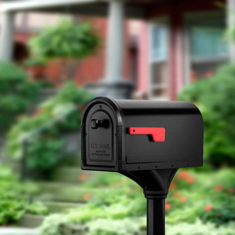 Roxbury Post Mount Mailbox + Decorative Post Black, Black with Red Flag