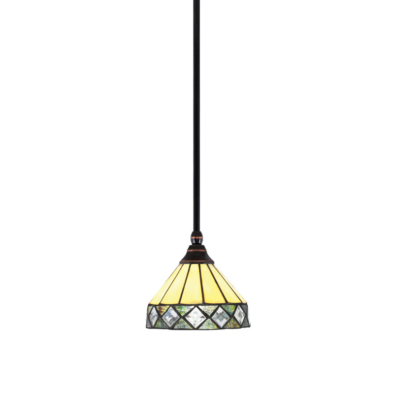 Mini-luminaire suspendu suspendu avec une tige en cuivre noir et verre d'art Diamond Peak de 7 po
