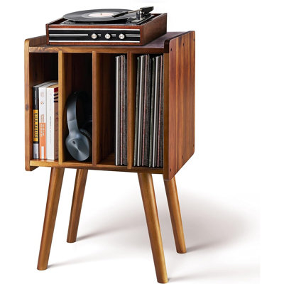 Wooden LP Record Player Stand With 4 Cabinets, Acacia Wood Vinyl Storage Organizer, Mid-Century Modern Turntable Table, Record Holder For Books And Files