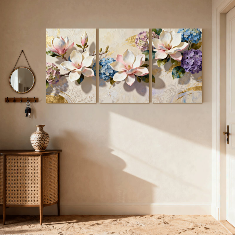 Plantes et fleurs, magnolia et hortensia, ensemble de 3 impressions sur toile, H 18 po x l 36 po