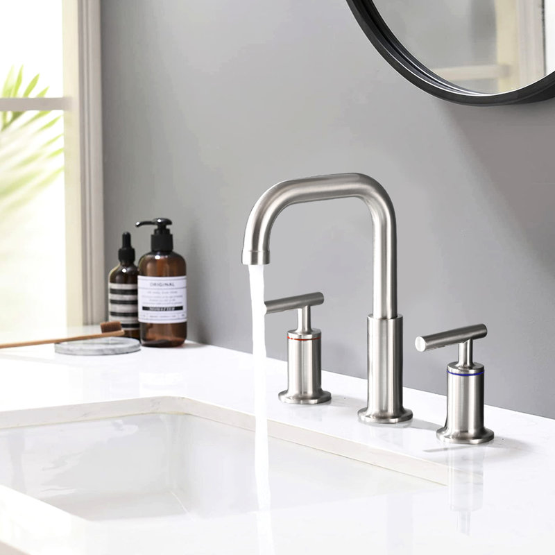 8 In. Widespread Brushed Nickel Tap - Solid Brass, Double Handle, Splash Spout, Removable Aerator, Bathroom Sink Faucet Widespread, 3, Ceramic Disc Valves, High Arc Brass