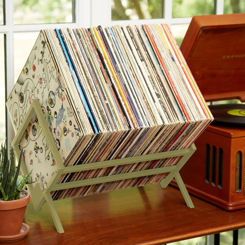 Étagère à disques en vinyle noir mat (12 po x 15,75 po x 11 po) - Organisateur à pieds inclinés d'une capacité de 100 litres avec barre de support et coussinets en silicone