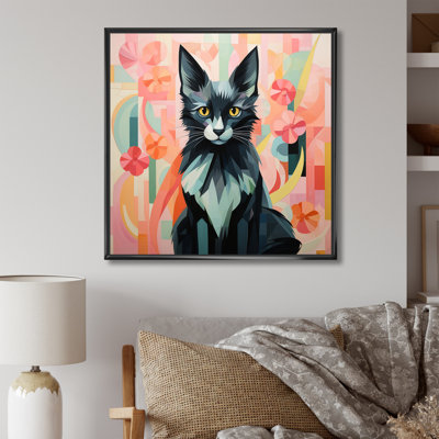«Black Playful Cat Floral Meadows» - art mural chat