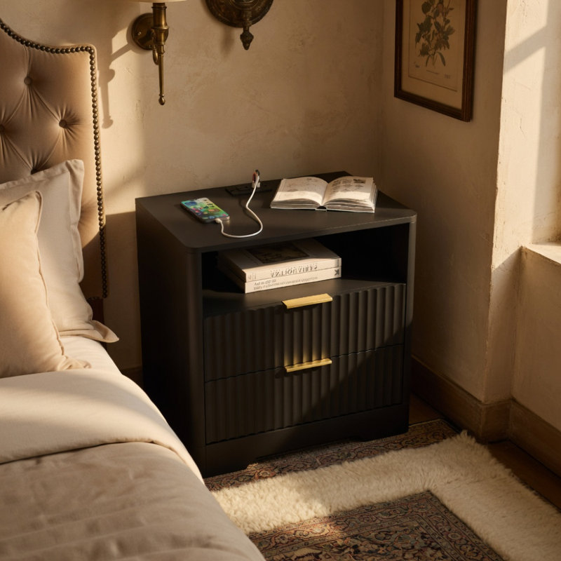 Table de chevet avec station de charge, table de chevet intelligente avec veilleuse, tables de chevet avec armoire de rangement pour la chambre à coucher, noir