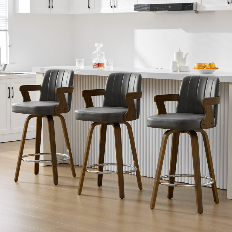 26" Upholstered Swivel Counter & Bar Stool with Armrest, Gray, Counter Stool (26" Seat Height)