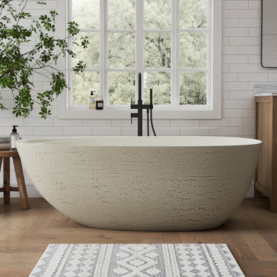 Baignoire autoportante Forma 67 po x 31 po en résine de pierre solide effet travertin avec tablette intérieure intégrée