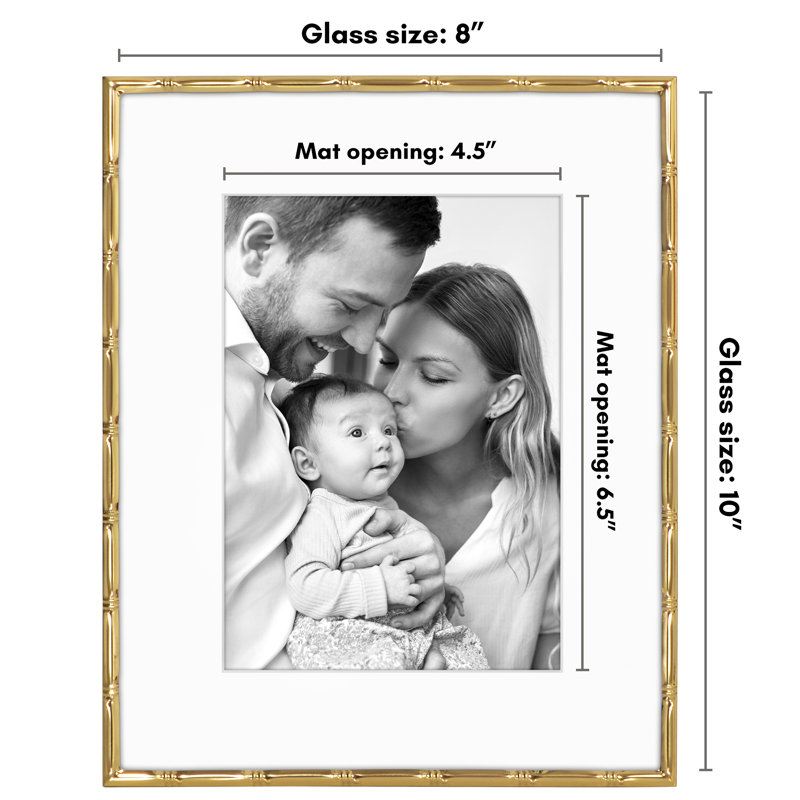 Cadre photo avec moulures en bambou et verre incassable et passe-partout - pour la table ou le mur, Doré, L 8 po x H 10 po