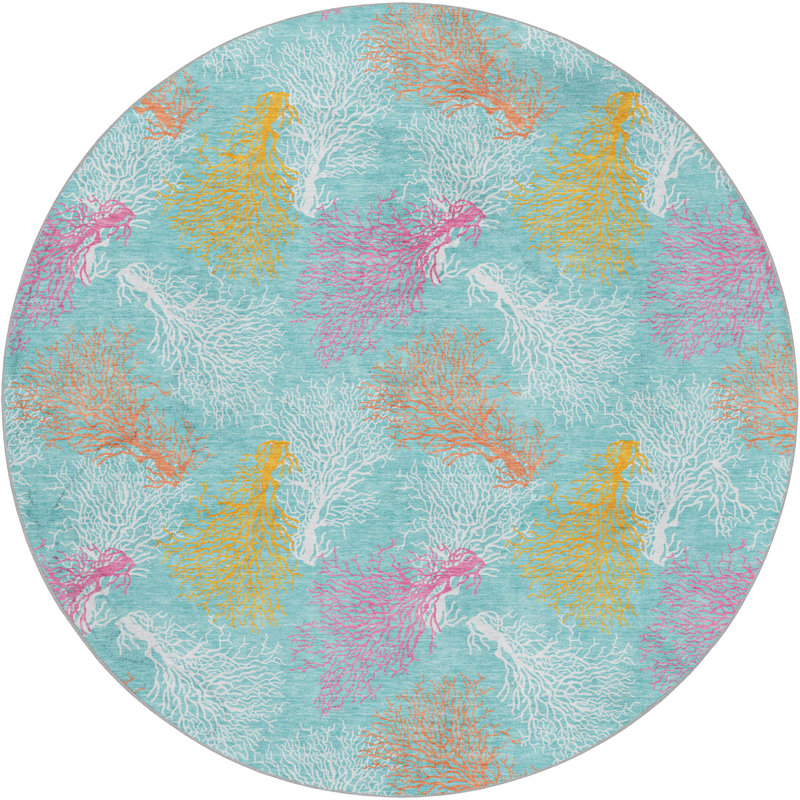 Tapis corail à poils longs de qualité supérieure lavable à la machine ADS182, Turquoise, Rond 8 pi