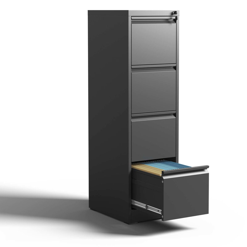 4 Drawer Vertical File Cabinet For Office/Home, Steel Construction, Corrosion Resistance, Full Extension, Tilt, Black Modern Unit Metal With Lock Extension Drawers, Tilt Design, Black, Style