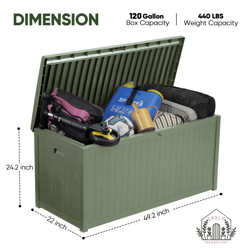120 Gallon Outdoor Storage Box, Lockable Outside Storage Box Waterproof, Patio Cushions Deck Storage Boxes, Rattan Plastic Garden Hose Containers Resin Pool Storage Bins with lids, Sage Green