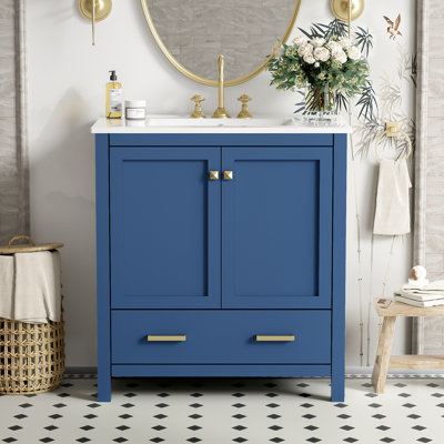 Meuble-lavabo 30 po avec fermeture en douceur, lavabo blanc, armoire en bois massif avec 2 portes et 1 rangement, meuble-lavabo à ornement contemporain, lavabo en céramique, cadre, 2 portes et 1 tiroir, pour un apaisant