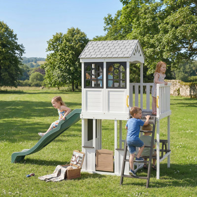 Two-Story Outdoor Playhouse for Kids, Wooden Kids Playhouse with Slide, Picnic Table & Bench, Play Kitchen, Ladder, Lookout Platform and Blackboard for Age 2+ Backyard Play, White