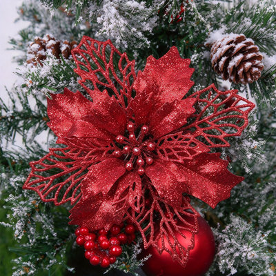 12 Pcs Christmas Glitter Poinsettia Faux Flowers