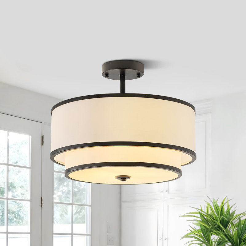 Nichoel 3-Light 7.28'' 2-Tier Drum Semi Flush Mount Ceiling Lights With Fabric Linen Shade, Matte Black