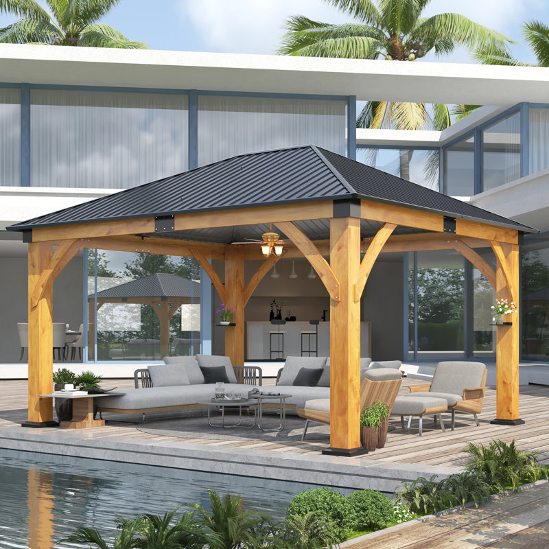 13 ft. W x 15 ft. D Outdoor Spruce Wood Gazebo with Galvanized Steel Hardtop, 13 ft. W x 15 ft. D