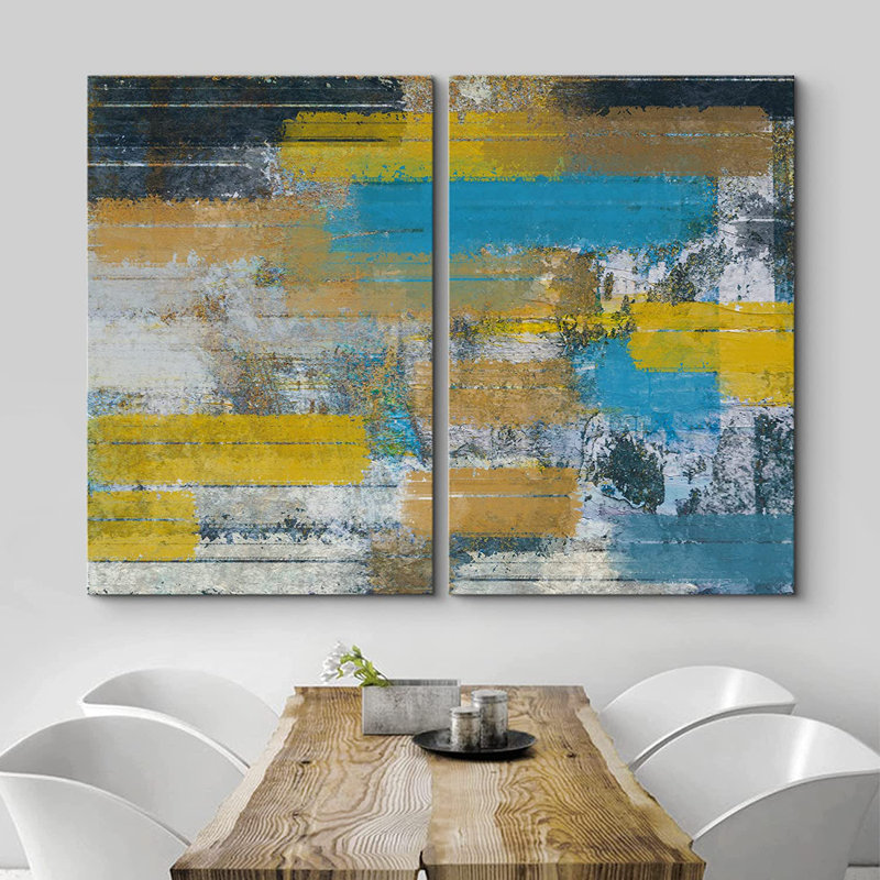 «Abstract Paint Effect Yellow Teal», reproduction d'art sur toile, Toile tendue, H 16 po x l 24 po x P 2 po