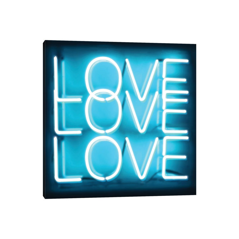 Neon Love Love Love Aqua On Black by Hailey Carr - Print on Canvas, Wrapped Canvas, 30.48 cm H x 30.48 cm W