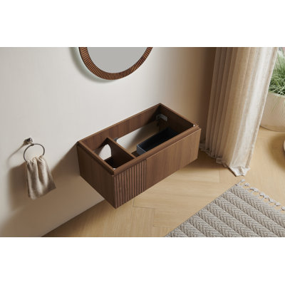 Armoire de salle de bain 36 po en chêne brun avec contreplaqué à grain de bois avec portes doubles et tiroir, base seulement | Idée de cadeau