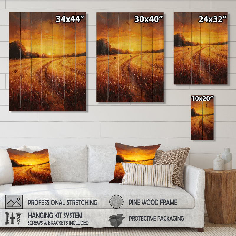 Countryside Golden Fields At Sunset II - Countryside Wood Wall Decor - On Natural Pine Wood, 32" H x 24" W x 0.78" D