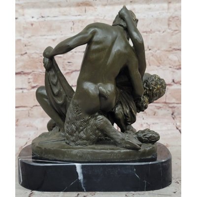 Bronze Satyr and Nymph Bacchante Romantic Sculpture on Marble Base
