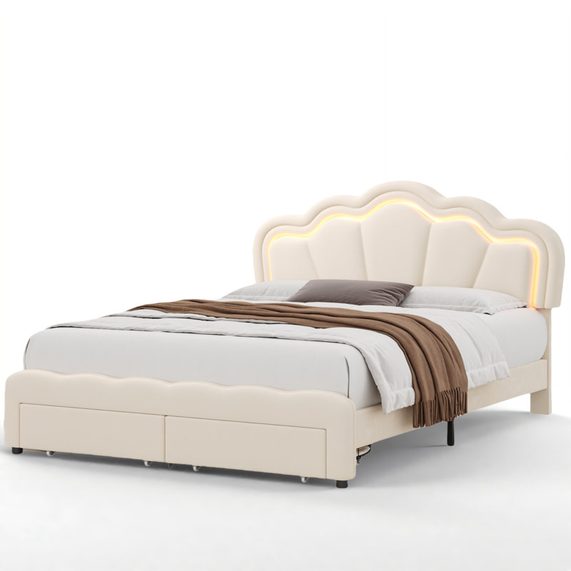 Avalie Upholstered LED Kids Bed with Drawer & Adjustable Headboard, Queen, Cream