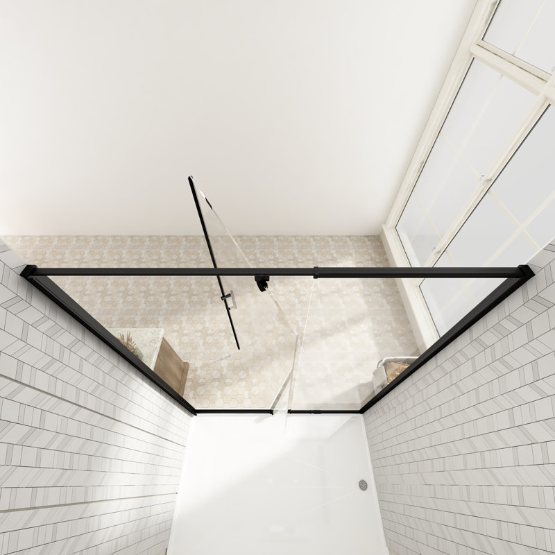 Porte de douche pivotante encadrée de 50 à 54 po L x 71 po H, en noir mat, avec verre trempé transparent de 1/4 po, pellicule anti-éclats et revêtement facile à nettoyer.