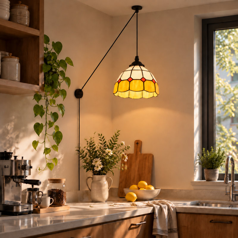 Modern Vintage Tiffany Yellow Glass Style Hanging Pendant Lighting, Adjustable Plug In Chandelier  For Living Room, Yellow