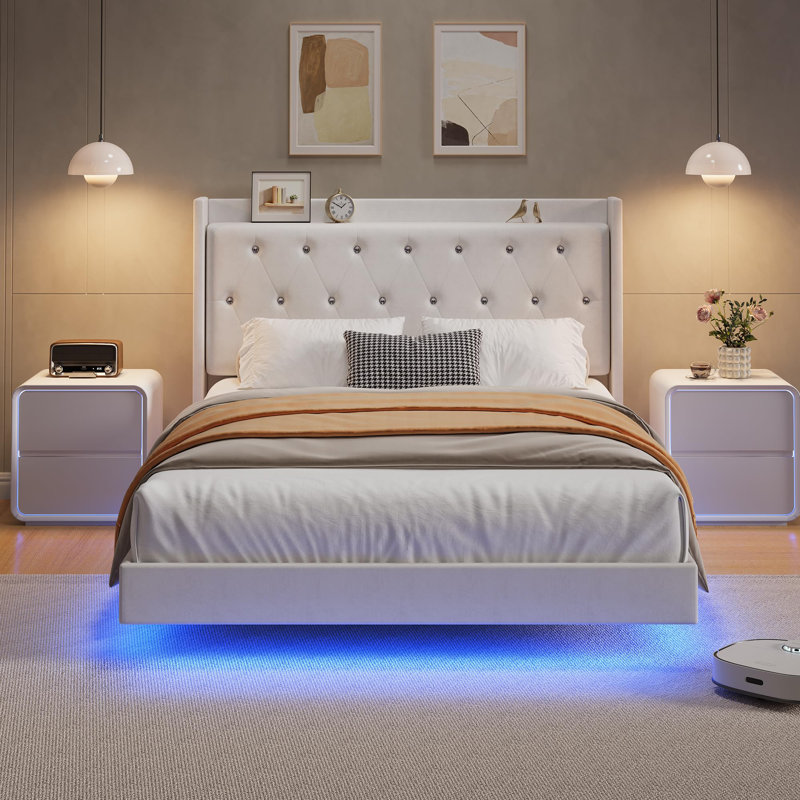Queen Size Bed Frame with LED Lights, Modern Floating Bed Frame with Storage, Velvet Upholstered Headboard with Wingback for Apartment, White
