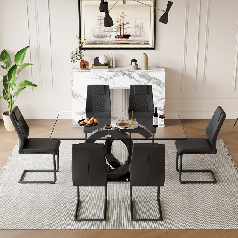 7-Piece Glass Top Dining Table Sets, Noir, noir, noir, noir