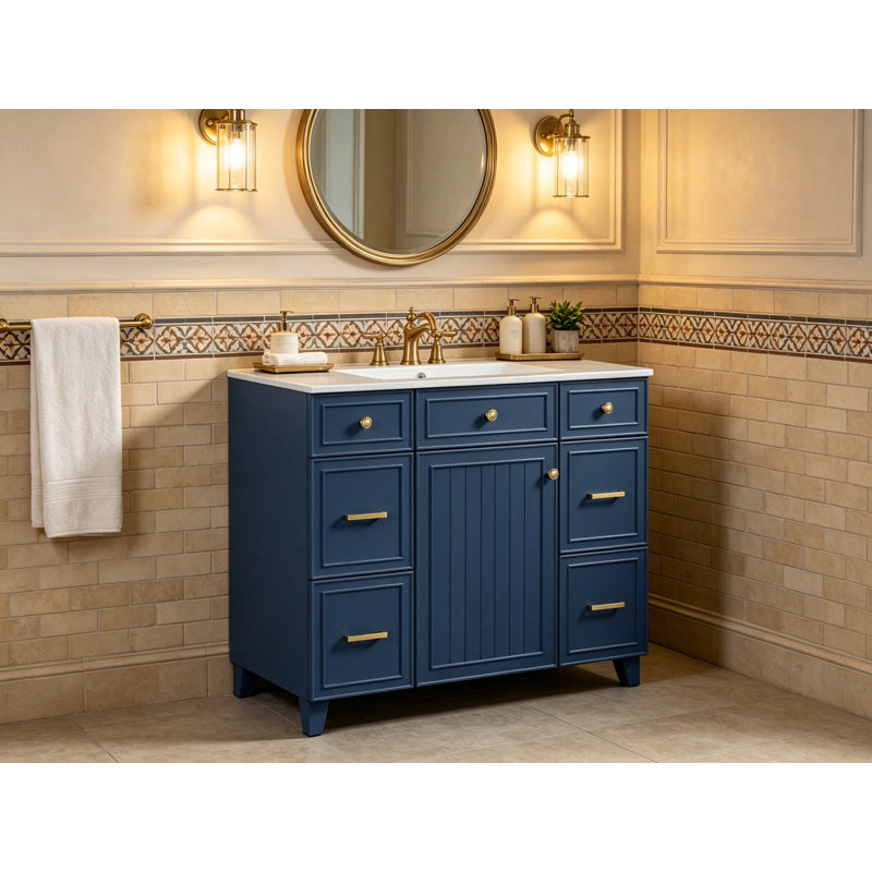 Meuble-lavabo bleu autoportant de 91 cm (36 po), structure en bois massif avec lavabo en céramique, 3 tiroirs et portes à fermeture douce, étagères réglables pour salle de bain