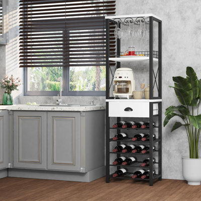 Wine Rack Freestanding Floor, Bar Cabinet For Liquor And Glasses, 4-Tier Bar Cabinet With Tabletop, Glass Holder, Storage Drawer And Wine Storage For