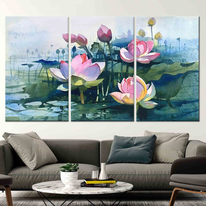 Élégante aquarelle de fleur de lotus, impression sur toile, verre trempé, toile tendue 3P, H: 47,2 po x l: 59,1 po