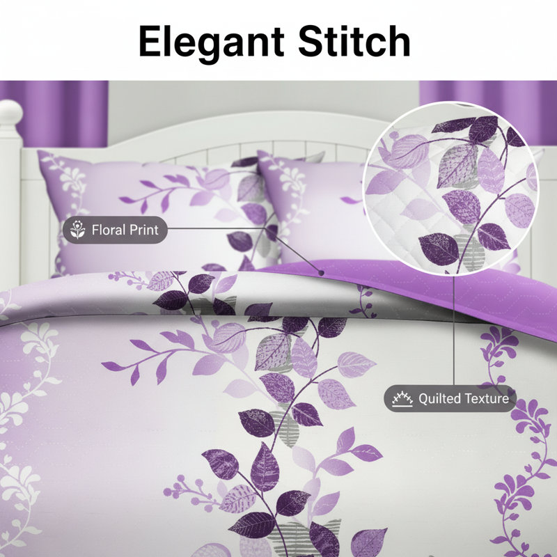 Queen Size 9-Piece Lavender Leaf Bedding & Curtain Set (Queen/King/Cal King) - Quilted Microfiber Bedspread + Sheer Drapes