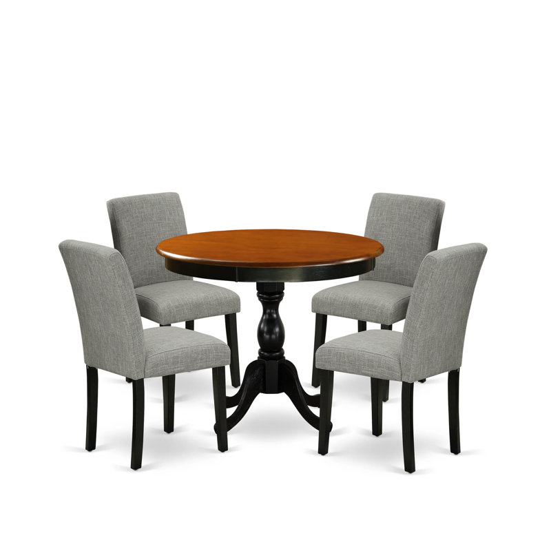 5 Piece Dining Set Includes a Round Kitchen Table with Pedestal and 4 Shitake Linen Fabric Parson Dining Chairs, Black & Cherry