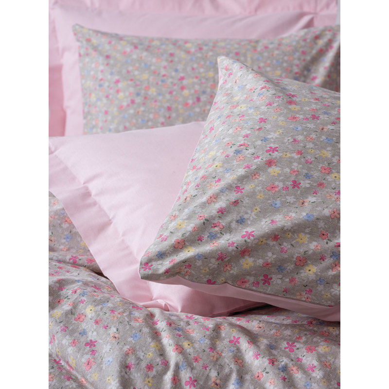 Ensemble de housse de courtepointe 100% coton de qualité supérieure Ranforce, rose et gris | Housse de couette 61 x 87, taie d'oreiller 31,5 x 31,5 | Lavable à la machine, 145 fils, impression élégante de pigment, fermeture à boutons pour une utilis