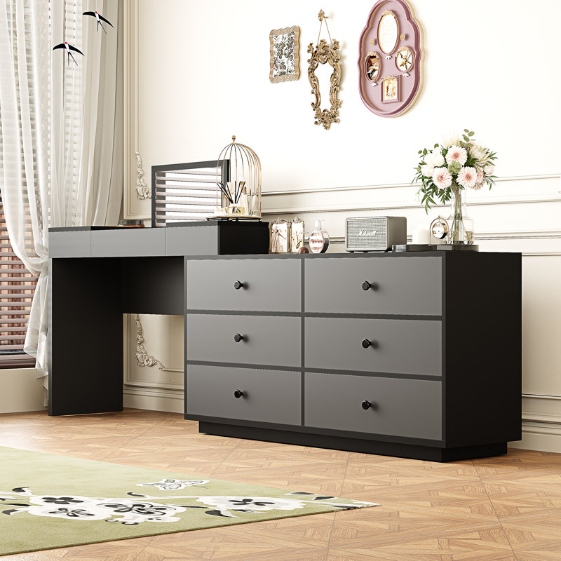 95.6'' Extendable Makeup Vanity Desk With Flip-Top Mirror And Storage Drawers Home Office Desk, Dark Gary