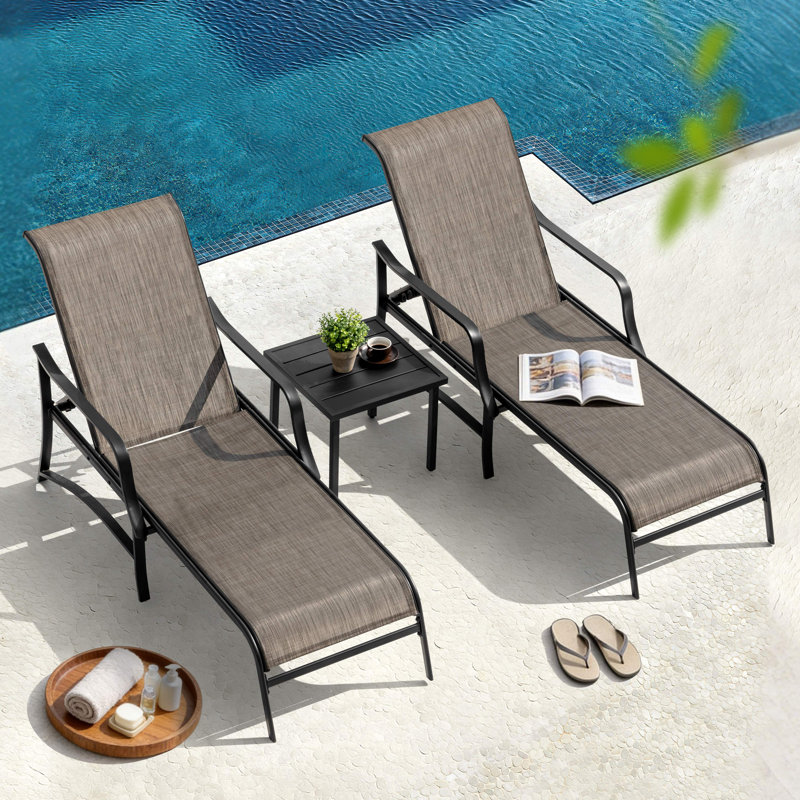 3-piece Patio Chaise Lounge Set, Textilene Patio Chaise Lounges, Side Table