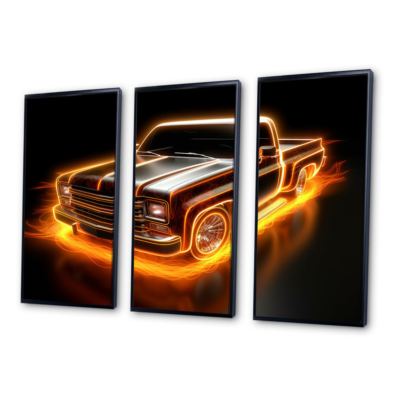 «Neon Light Strips Orange Pickup Truck», ensemble d'art sur toile camionnette, Cadre flottant noir