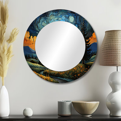 Vangogh The Swaying Cypress III - Vangogh Large Mirror, Teal Round Unique Wall Mirror Decor, Printed Metal Art