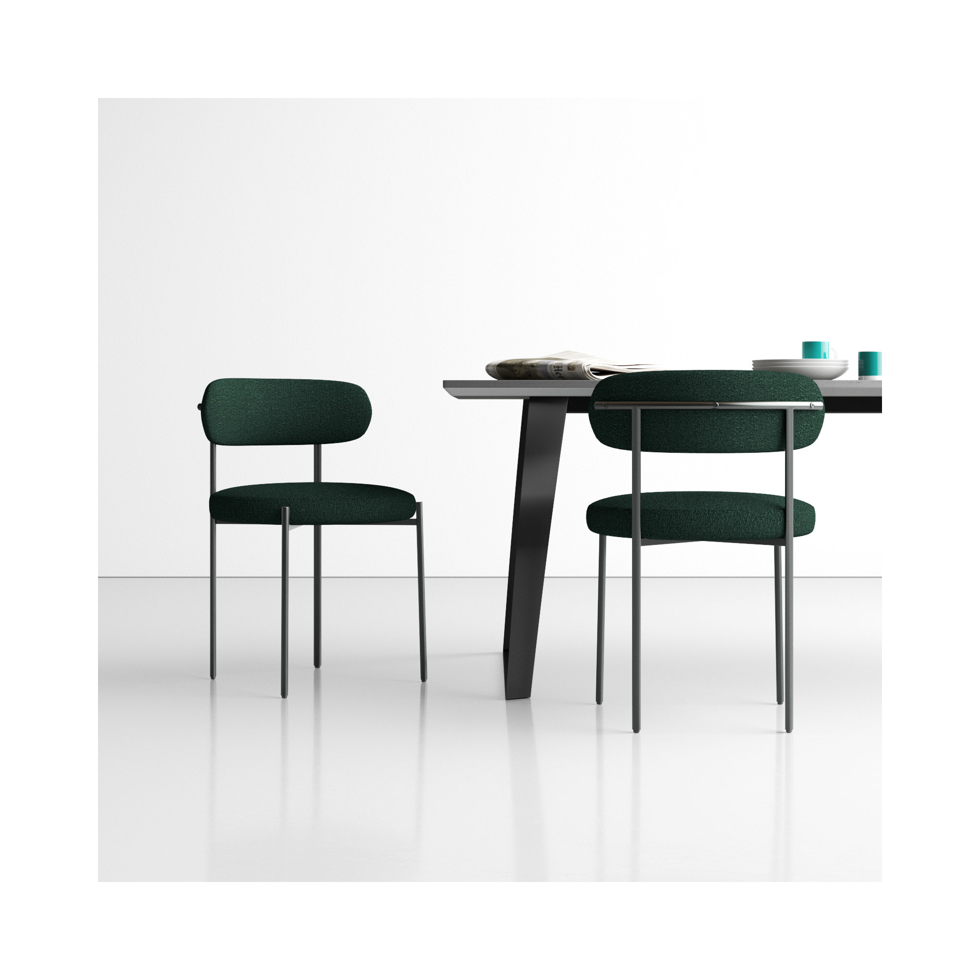 Sherwood Solid Back Boucle Side Chair, Green Boucle, Matte Black
